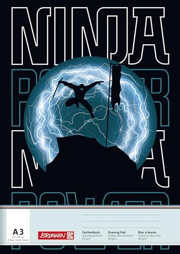 BRUNNEN Zeichenblock A3 20 Blatt 100 g/m² aus der Serie Magic Butterfly oder Ninja Power (Ninja Schwarz)