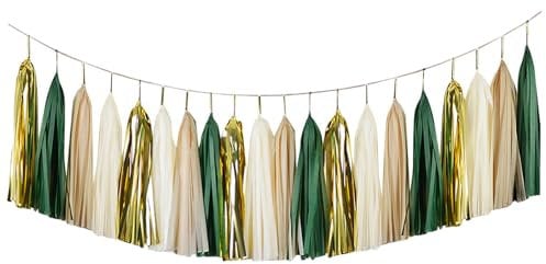 Fatiya 20 Stück 4 Farben Quasten-Girlande, Party-Dekoration, Geburtstag, Seidenpapier-Quasten, Seidenbanner, Fransen für Hochzeitstisch, DIY, Jahrestag, Ballon-Dekoration (Gold, Grün, Gelb, Khaki)