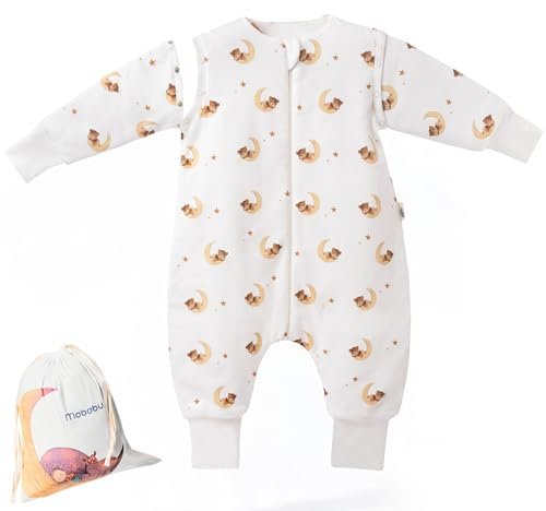 Mababu Ganzjahres Baby Schlafsack mit Füßen & abnehmbaren Ärmeln - 1.5 TOG - 100% GOTS Bio-Baumwolle - Ganzjähriger Kinderschlafsack mit Füßen- umklappbare Bündchen - Bär, 100cm