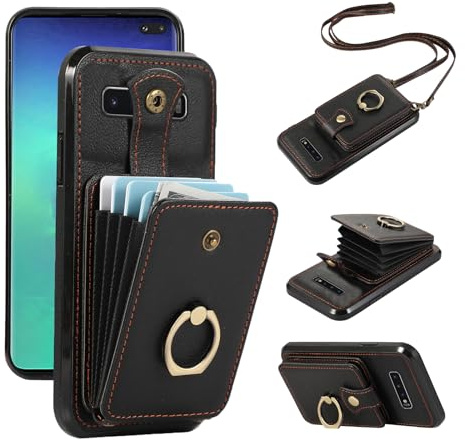 Asuwish Handyhülle für Samsung Galaxy S10 Hülle mit Band Handykette,Ring Ständer Kartenfach Klappbar Geldbörse Leder Cover Klapphülle S 10 10S Edge Handy Hüllen Schutzhülle Damen Phone Case Schwarz