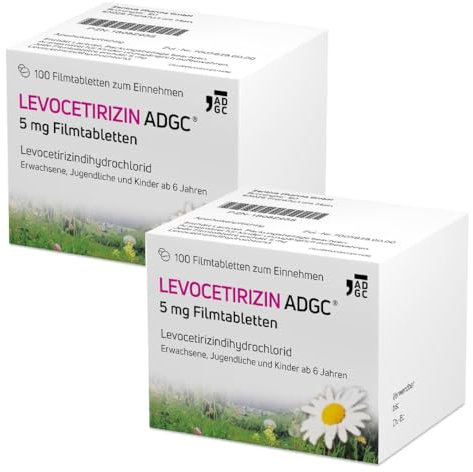 LEVOCETIRIZIN-ADGC® 5mg - 2x 100 Stück - Allergie-Tablette mit vergleichbaren Ergebnissen wie Cetirizin bei halber Dosierung - zur Therapie von Allergiebeschwerden wie Heuschnupfen und Nesselsucht