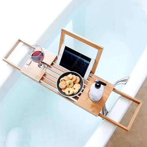 Badewannentablett, verstellbares Badewannentablett für die meisten Badewannen, luxuriöser Badewannencaddy aus Bambusholz, zusammenklappbare Badewannen-Organizertabletts mit Weingla