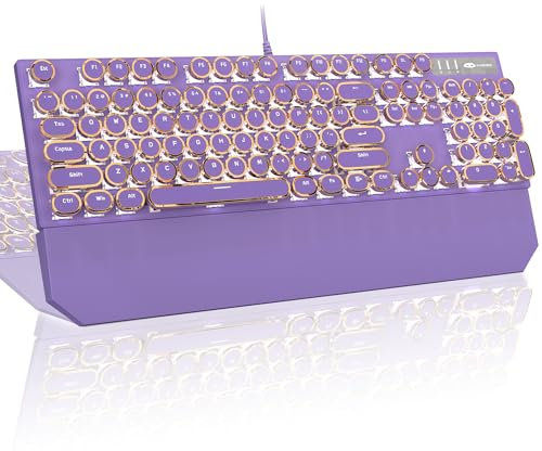 MageGee Teclado mecánico para juegos de máquina de escribir, teclado redondo retro morado punk, teclado con cable retroiluminado blanco con reposamuñecas desmontable para juegos y oficina, para