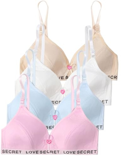 Sunvivid Sports Bra for Girls 4 Pack Seamless Training Bras Wireless Thin Pads Strappy Top Cotton Bralettes Teen Underwears with Adjustable Strap for 10-14