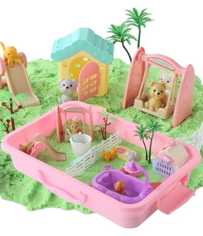 Sikmcle 32 PCS Pet Sensory Bin & Moldable Sensory Sand Kit, Pet Play Set with Sandbox, Dog and Cat Toddler Toys for Kids, Ages 3-7