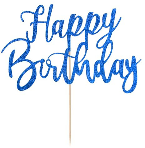 COMNICO Happy Birthday Cake Topper, Glitter Golden Cupcake DIY Cake Pick Birthday Party Decoration Supplies for Children Adults(Blue)