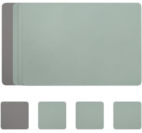 Myir JUN Tovagliette e Sottobicchieri, Tovagliette in Pelle e Sottobicchieri Set Tovagliette Americana Plastica Lavabili Tovagliette Impermeabile Tovagliette (Grigio Verde Salvia, Set di 4)