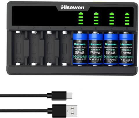 Hisewen 4Pack Wiederaufladbares CR123A Akku, 8-Slot Ladegerät für Arlo Kamera VMC3030 VMK3200 VMS3230/3330/3430/3530
