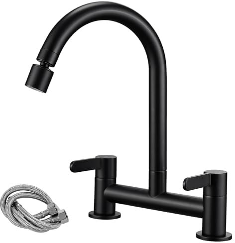 Peppermint Black Kitchen Mixer Taps 2 Hole with 2 Function Aerator Brass Kitchen Sink Mixer Taps 2 Hole Dual Lever 180MM Centers Deck Mounted Monobloc Kitchen Bridge Taps 1/4 Turn 360° Swivel Spout
