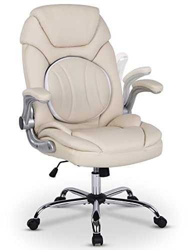 Bürostuhl 150kg Belastbarkeit, Moderner Drehstuhl mit Rollen, Schreibtischstuhl mit verstellbarer runder Rückenlehne, Ergonomischer Bürostuhl mit hochklappbaren Armlehnen für Mädchen und Frauen, Beige