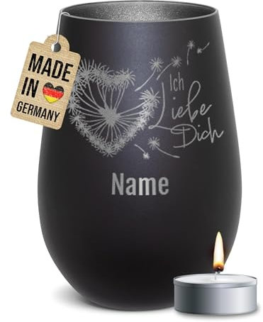 PR Print Royal Schwarzes Windlicht personalisiert mit Gravur - Pusteblume Ich Liebe Dich - Valentinstag, Hochzeitsgeschenk, Geschenke zum Jahrestag, Geburtstag, inkl. Teelicht, 450 ml, Innen Silber