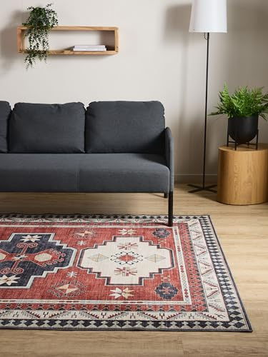 Interiyou Vintage Teppich Wohnzimmer Gent - 300x400 cm Multicolor/Blau - Für Schlafzimmer, Esszimmer, Kinderzimmer - Kurzflor waschbar und rutschfest, Print Muster