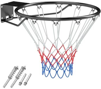 GYMAX Panier de Basket Mural, Filet de Basket sans Panneau, Anneau en Métal, Cercle φ45 cm, Filet en Polyester Tricolore, Accessoires Fournis, Fixé pour Extérieur et Intérieur