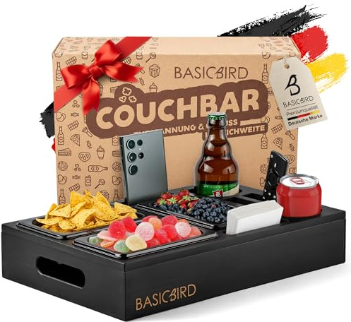 BASICBIRD® Couchbar Snackbox – Holz Sofatablett für Sofa (Black Edition) | Organizer Tablett- Snackspender mit 3X Snackschale - Couch Bar mit Getränkehalter und Fächern – Wohnmobilausstattung