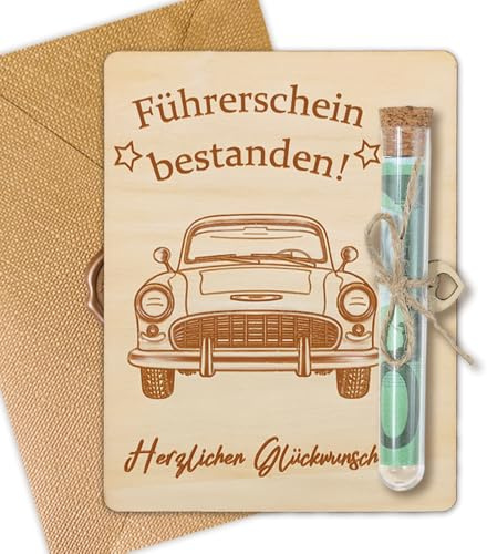 GROVBLE Führerschein Bestanden Geschenk – Holz Geldgeschenk Verpackung | Bestandene Fahrprüfung Geschenk | Geldgeschenk mit Umschlägen & Reagenzglas | Glückwunsch Geschenk für Männer & Frauen
