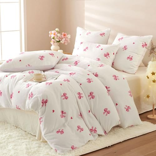 Covebett Flanell Bettwäsche 200x200 Weiß Rosa Schleifen Herzen Winter Warm | Winterbettwäsche Set 3teilig, Flauschig Plüsch, Cashmere Touch, Mädchen Bettbezug und 2 Kissenbezug 80x80 mit Reißverschluss