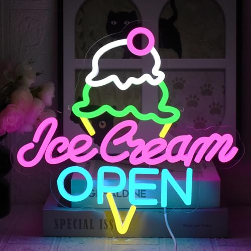UExnkj-Y Ice Cream Neon Schild Buntes Eiswaffeln Led Neon Schild Eiscreme Open Neonschilder USB Dimmbar Leuchtreklame für Eisdiele Dessert Snack Bar Cafe Shop Club