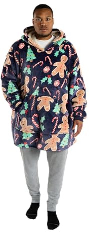 OHS Christmas Blanket Hooded Blankets, Christmas Gifts for Women Men Super Soft Warm Gingerbread Man Sherpa Fleece Blanket Hoodie Comfy Cosy Oversized Wearable Blankets Big Pocket, Navy