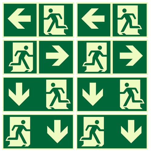 8 Stück Notausgangsschild Nachleuchtend Selbstklebend, Notausgang Schild Einschließlich 2 “Links”, 2 “Rechts” und 4 “Unten”