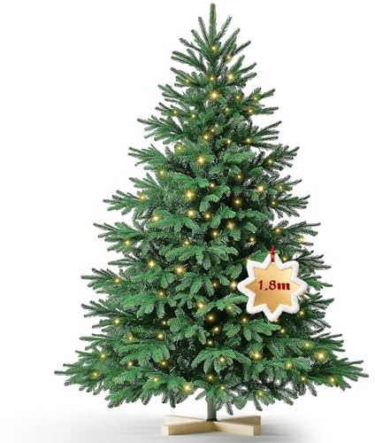 Ferzone 180cm Sapin de Noel Artificiel Vert avec 300 Lampes LED, Arbre de Noel avec 953 Pointes de Sapin en PVC/PE & Pied en Bois, Montage Facile&Design Pliant