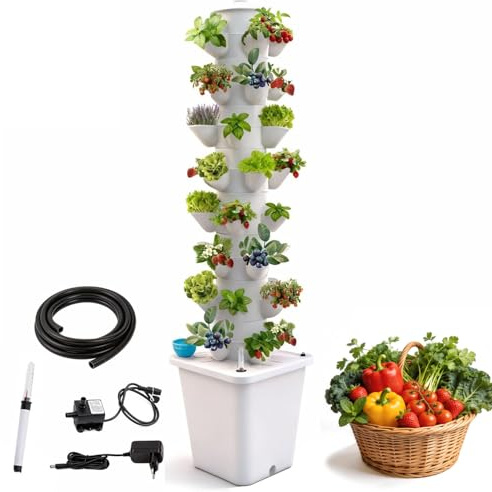 Mocoli Sistema Hidropónico 40 Cámaras, Sistema Cultivo Hidropónico de 8 Niveles con Tanque Agua 10 L Bomba Indicador Nivel Agua Sistema Cultivo Sin Suelo para Frutas Verduras