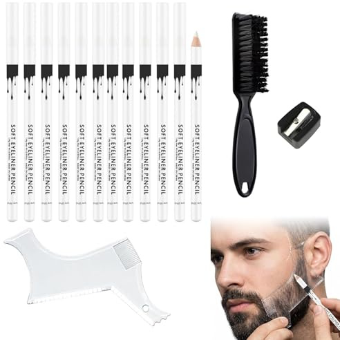 12 Stück Weißer Friseurstift, Magische Friseurkreide, Zum Linieren Der Haarlinie und Zum Formen Des Bartes, Enthält Bart Schablone, Bleistiftspitzer und Bürste – Unverzichtbar für Herrenfriseure