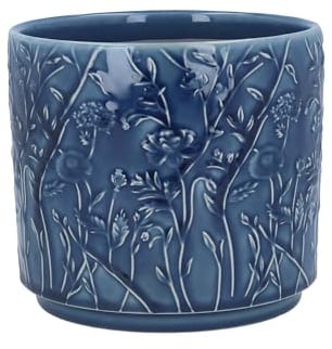 Gisela Graham Navy Blue Stoneware Plant Pot Cover, Blooms Pattern, 14cm x 12.5cm