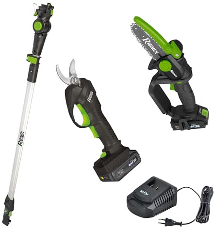 Ribimex Kit Potatura PRBAT20/KIT10 – Forbice Pro taglio 25 mm + Potatore 15 cm su Asta regolabile – Prolunga Telescopica 1,47‑2,03 m – 2 Batterie Li‑ion 20 V 2 Ah + Caricatore Rapido