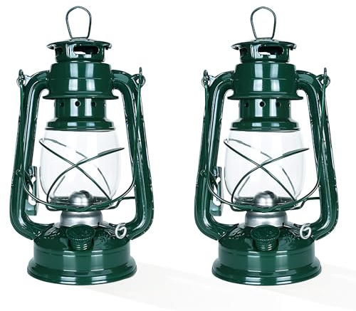Petroleum Lamp Set of 2 - 25 cm Retro Outdoor Storm Lantern, Oil Lamp for Camping, Garden, Balcony & Home Decoration (2er set Armee-Griin)