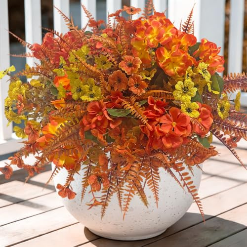 10 Bündel Künstliche Herbstblumen Herbst Deko Kunstblumen Herbststrauß | Wetterfest Herbstpflanzen aus Farn und Geranien gemischt für Balkon Garten Terrasse Erntedank Halloween Deko Innen Außen