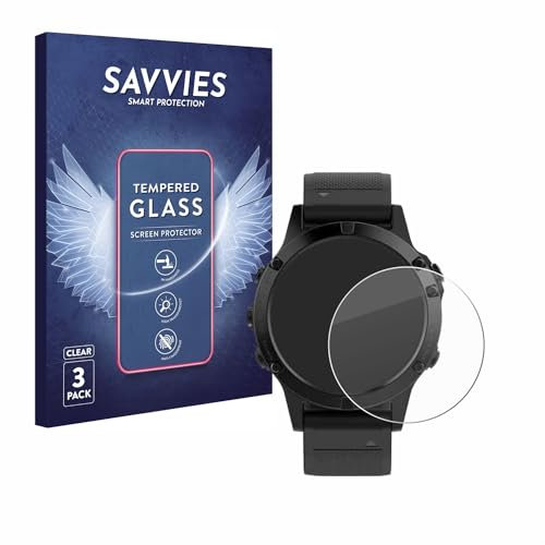 Savvies Panzer Schutz Glas für Garmin fenix 5 (47 mm) / 5 Plus (47 mm) (3 Stück) 9H Hartglas, Anti-Fingerprint, Displayschutz