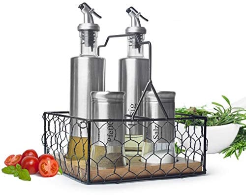 Sendez 5-tlg. Menage Set mit Korb Salz & Pfefferstreuer Ölspender Essigspender Edelstahl Glas
