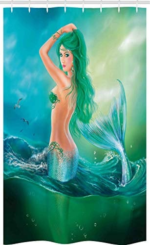ABAKUHAUS Ozean Schmaler Duschvorhang, Mermaid Schwanz Waves Sea, Badezimmer Deko Set aus Stoff mit Haken, 120 x 180 cm, Blau Grün