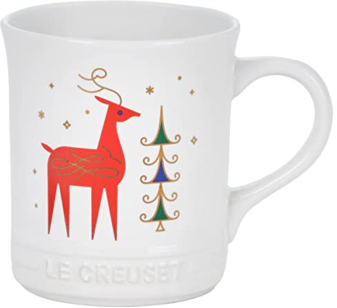 Le Creuset Gres Noel Colección: Taza de reno, 14 oz, blanco con apliques