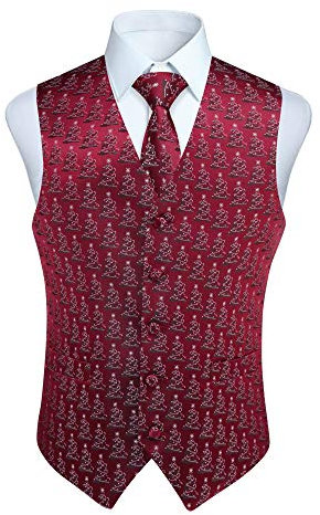 Enlision Herren Weihnachtsbaum Weste Festlich Happy Weste Krawatte Tasche Quadratisches Taschentuch Set XS-4XL Burgund