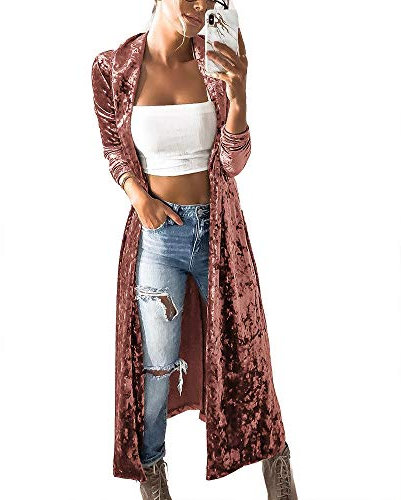 Women's Solid Velvet Maxi Duster Cardigans Open Front Trench Coat Pink