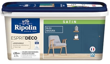 RIPOLIN - Peinture Intérieure Multi-Supports – Murs, Boiseries & Radiateurs – Ultra Couvrante – Lessivable – Application Facile – Ecolabel - Satin - 2,5L - Bleu Madura