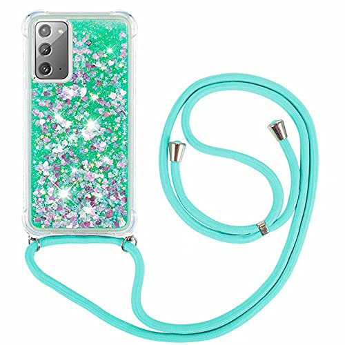 FMPCUON Coque Samsung Galaxy Note 20 Glitter Liquide Collier pour Téléphone Portable avec Cordon - Lanyard Paillettes Flowing Sand Silicone Gel TPU Housse avec Smartphone Collier Étui, Vert