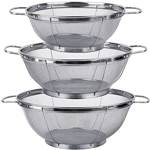 Tiawudi 3 Pack 18/8 Stainless Steel Colander Sieves, Mesh Strainer Net Baskets with Handles & Resting Base, Multi Sized for Strain, Drain, Rinse or Steam