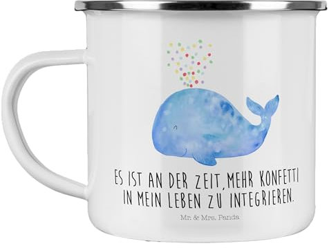Mr. & Mrs. Panda Camping Emaille Tasse Wal Konfetti - Geschenk, Meer, Outdoor Tasse, Camping Becher Edelstahl, Camping Tasse Metall, Emailletasse,