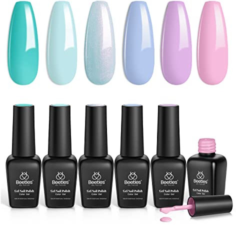 Beetles Gel Nail Polish Kit Spring Styles 6Pcs Mermaid Purple Green Glitter Gel Polish Trendy Soft Pink Shimmer Gel Nail Art, Holiday Vacation Gift for Girls Women DIY Manicure