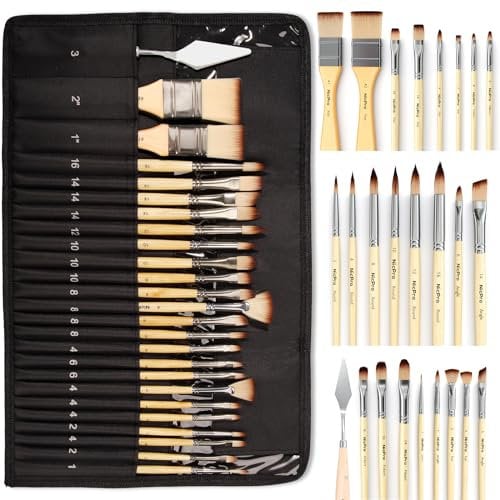 Nicpro 26 Stück Pinsel Set, Expertenqualität, Künstlerpinsel Pinselset Acrylfarben Pinsel, mit Leinwand Tragetasche und Spachtel für Acryl, Öl, Aquarell, Gouache Malerei, Erwachsene und Kinder