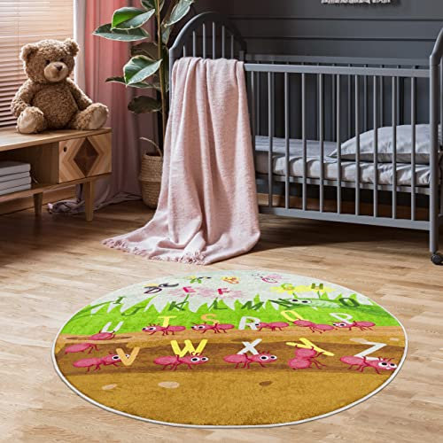 Pasha Home Kinderteppich Alphabet 120 cm Rund/ABC Kinderzimmer aus Polyester- & Flanellfasern/Teppiche fürs Kinderzimmer antirutsch & schmutzabweisend/Spielteppich mit Alphabet waschbar
