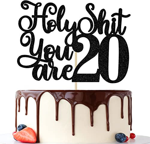 Happy 20th Birthday Cake Topper, 20 Fabulous, Cheers to 20 Years Cake Decor, Lustige 20th Birthday Dekorationen Männer Frauen Schwarz Glitzer