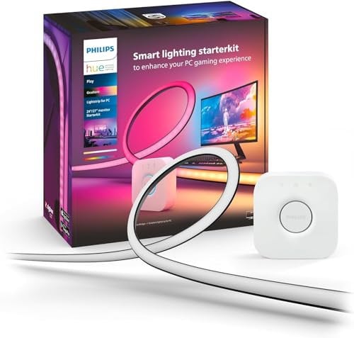 Philips Hue White & Color Ambiance Play Gradient, PC Lightstrip für 24-27 Zoll, dimmbar, 16 Mio. Farben, steuerbar via App, Starter Set, inkl. Hue Bridge, kompatibel mit Amazon Alexa (Echo, Echo Dot)