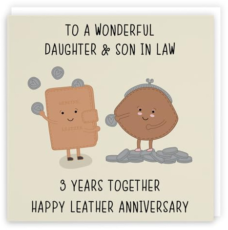 Hunts England - Large Daughter And Son In Law 3rd Anniversary Card - To A Wonderful Daughter & Son In Law - 3 Years Together - Happy Leather Anniversary - Iconic Collection - Large - 210 x 210 mm