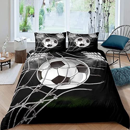 Fußball Druck Bettwäsche Set Jungen Schwarz Weiß Fußball Ball Bettbezug für Kinder Teens Sport Thema Spiel Wettbewerb Tröster Abdeckung 3D Amerika Fußball Bettwäsche 135x200 Schlafzimmer Dekor