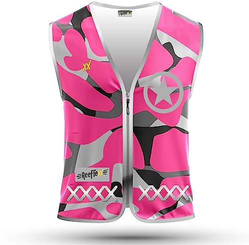 REEFLEXX Warnweste Damen Sicherheitsweste, erhöhte Sichtbarkeit im Straßenverkehr, Joggen, Fahrrad oder Auto, Pink Camou Star, Größe S/M