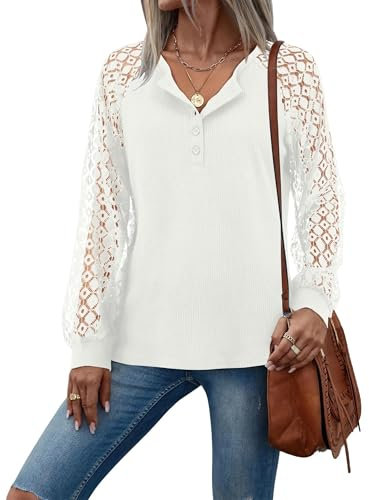 Beluring Shirts for Women Button V Neck Tops Casual Lace Sleeve Blouse, White Size 18 20