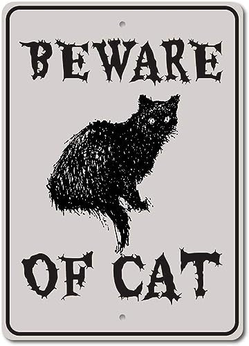 Letrero de cuidado con el gato, letrero de gato de Halloween, decoración de gato, divertido letrero de metal vintage de 8 x 12 pulgadas